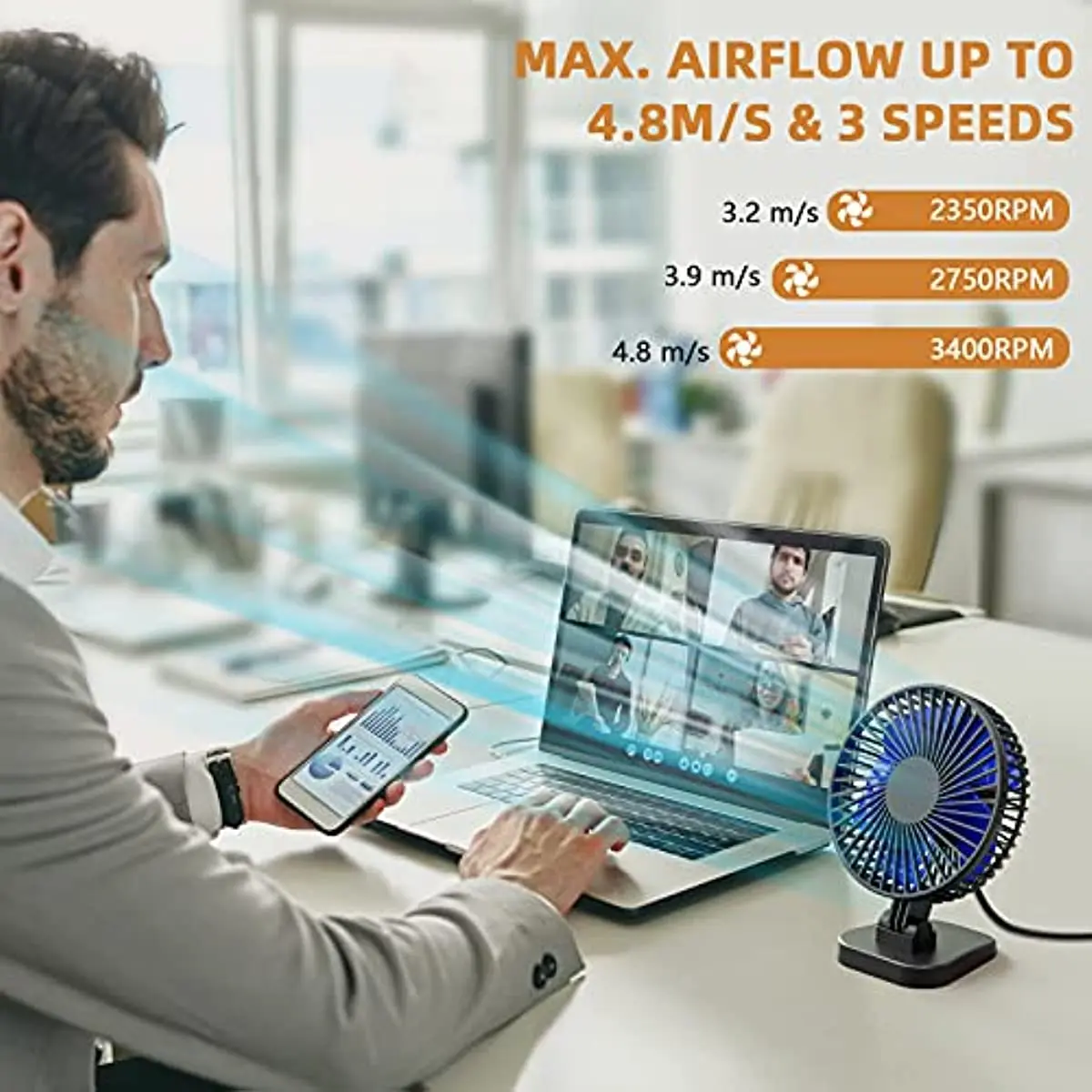 Mini Fan 4 Inch Desk Fan 3 Speeds USB Powered