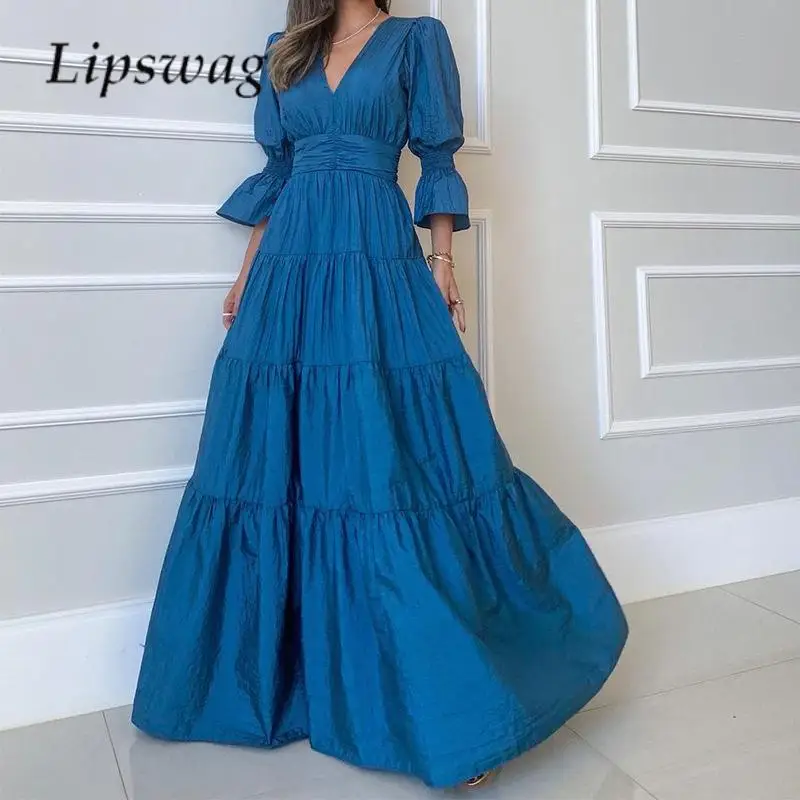 

Elegant High Waist Solid Color Back Hollow Ladies Dress Spring V Neck Half Sleeve Long Dress Women Pleated Temperament Dress New