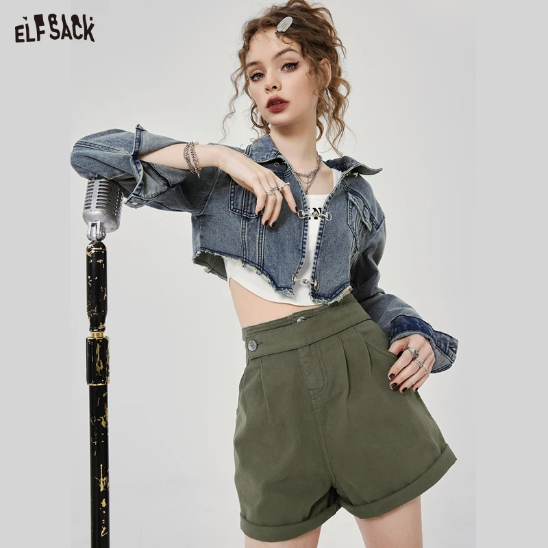 ELFSACK Vintage High Waist Denim Shorts Woman 2023 Spring New Casual Daily Bottoms