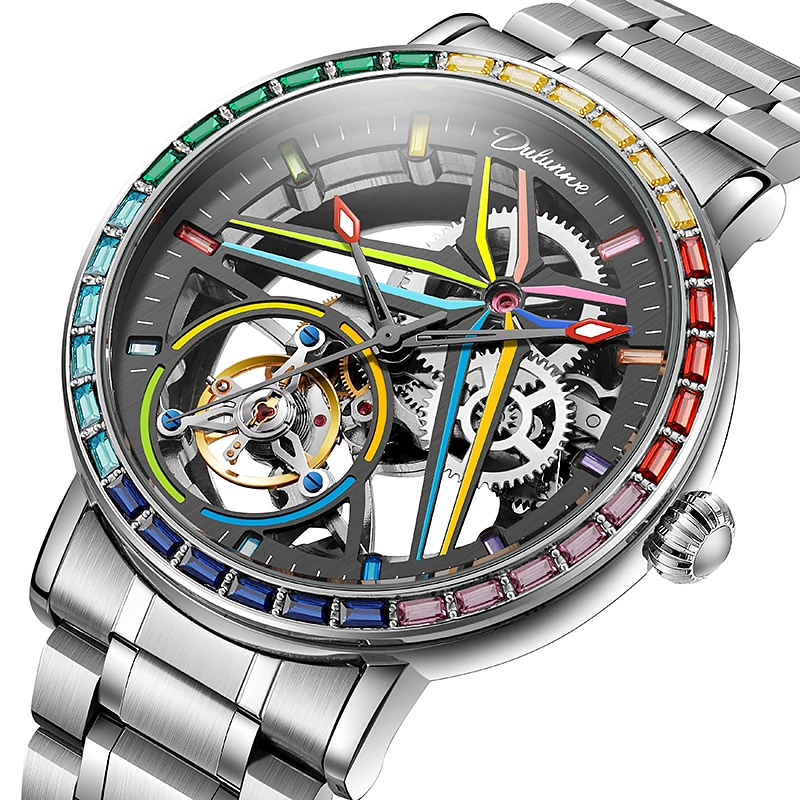 Mechanical Watch Rainbow Colored Gemstone Tourbillon Fashion Skeleton Watch Men Waterproof 30M Sports Watches Luxury Automatic Mechanical Clock