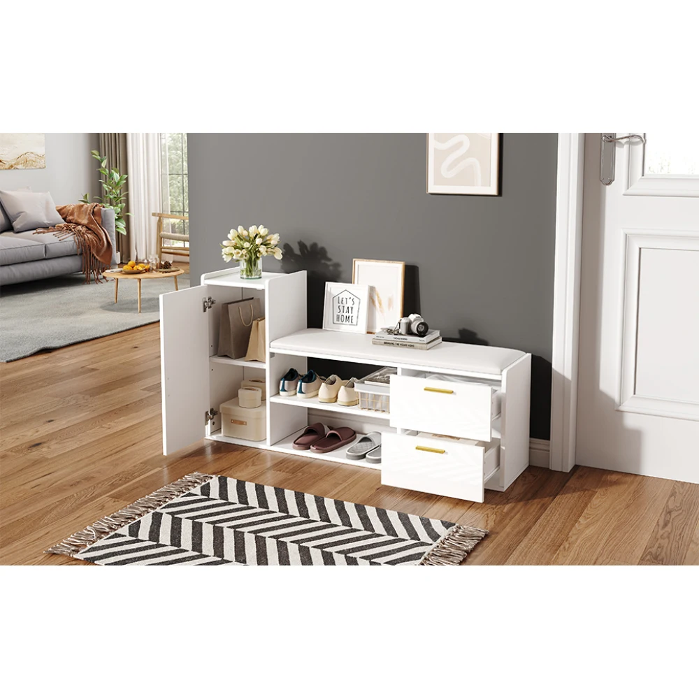 Hochglanz-Schuhschrankbank – gepolsterte Sitzplätze + 2 Schubladen und 1 Schrank, Schuhregal mit Stauraum, für Flur, Wohnzimmer, Büro – Detail 11