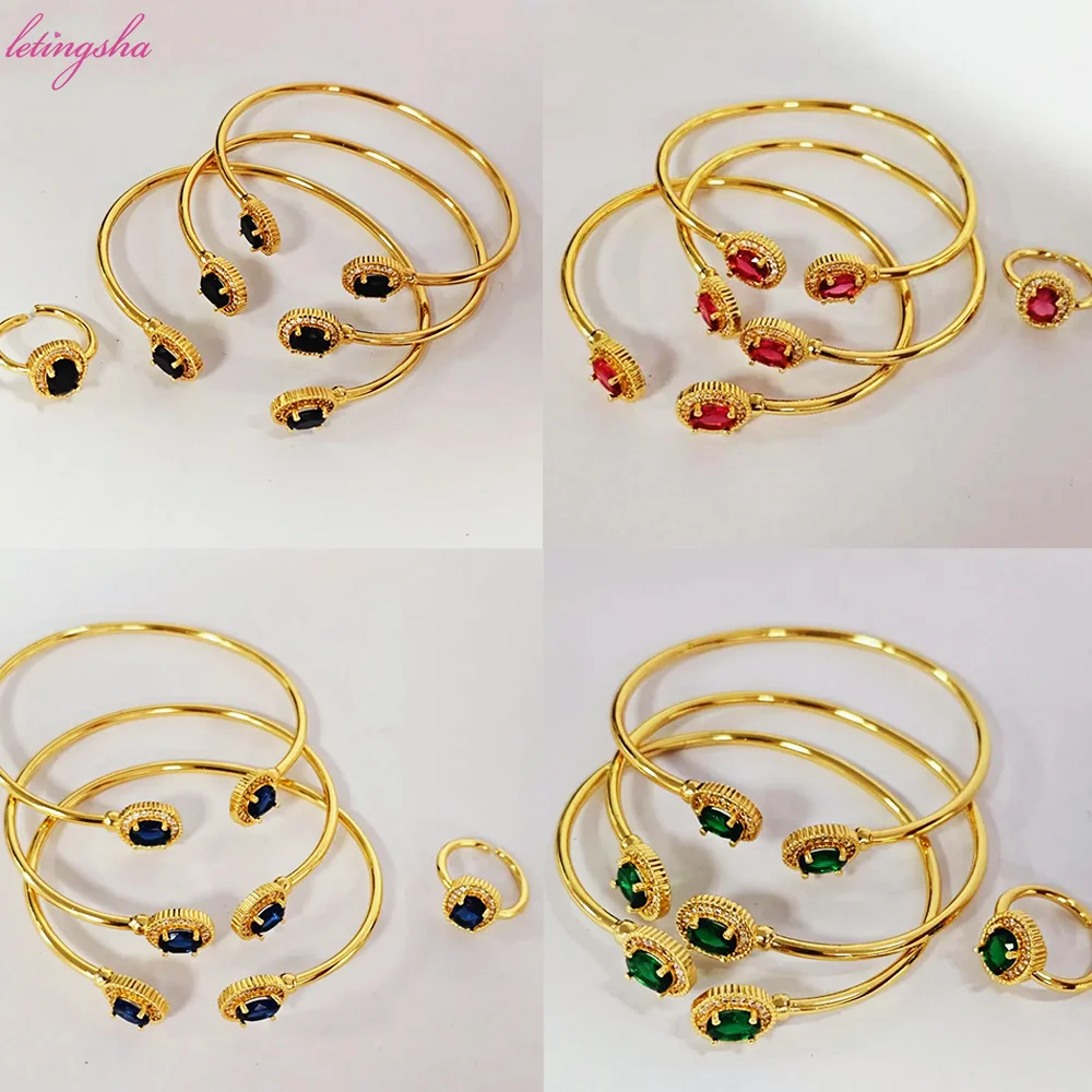 Kristall Frauen Armreifen Ring Zirkon Nigeria 3PCS Afrika Mode Armreif Schmuck Erweiterte Glanz Vergoldet Manschette Armband Bankett