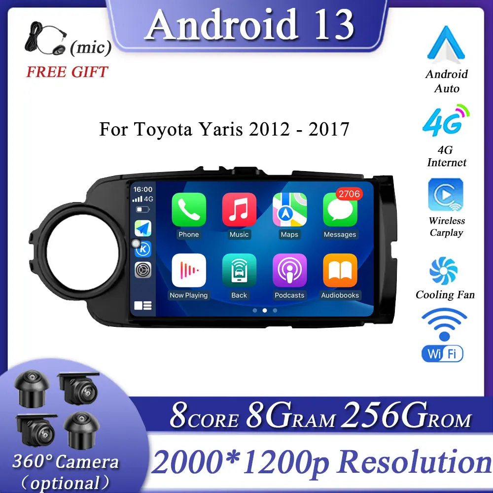 

Для Toyota Yaris 2012 - 2017 Android13 автомобильный проигрыватель видео мультимедийная Навигация Авто Стерео GPS BT 4G WIFI 9 дюймов