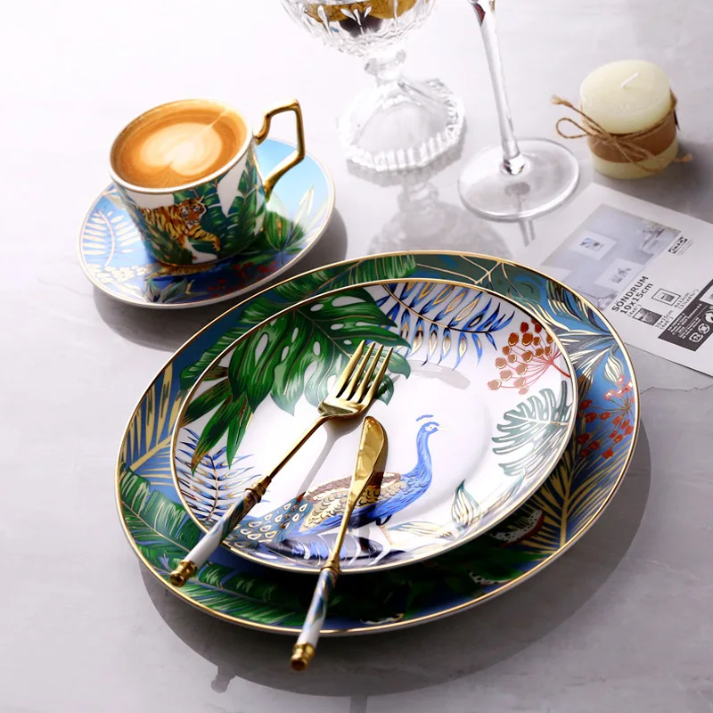 Forest Beast Tiger Pattern Tableware Ceramic Plate Bone Porcelain Gold Plated Western Porcelain Plate Tableware Set