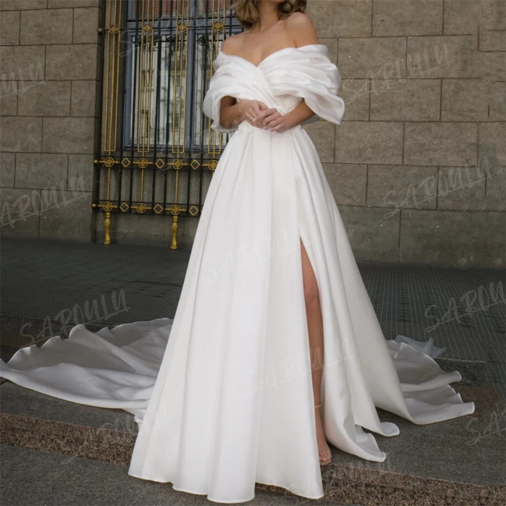 Romantic Satin Slit Wedding Dress Court Train Off The Shoulder Pleated Puff Sleeve Bridal Gown Bride Dresses Robe De Mariee 2