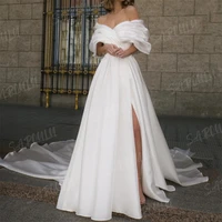 Romantic Satin Slit Wedding Dress Court Train Off The Shoulder Pleated Puff Sleeve Bridal Gown Bride Dresses Robe De Mariee 2