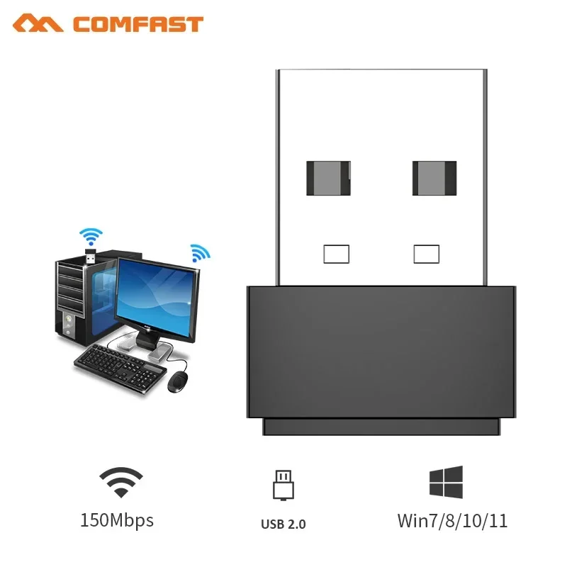 미니 USB 와이파이 어댑터, 무선 리시버 동글 네트워크 카드, 노트북 PC 와이파이 스틱, USB 키 이미터 안테나, 802.11b/g/n, 150Mbps 