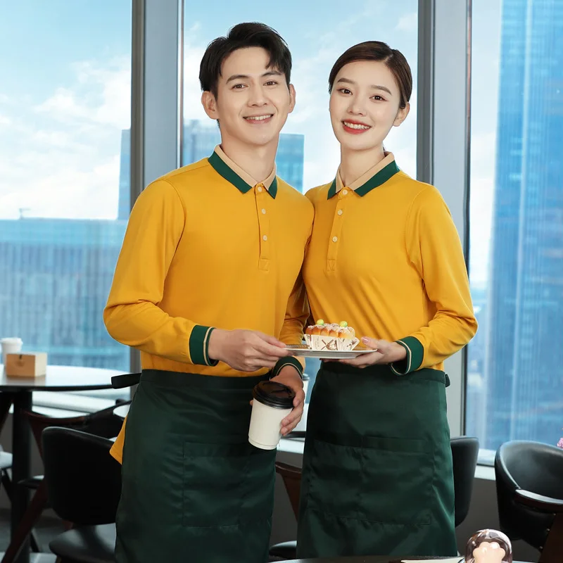 

Hotel Waiter Workwear Women's Long-Sleeved Western Catering Milk Tea Hot Pot Restaurant Cafe Waiter T-shirt Spring and Autumn Cl