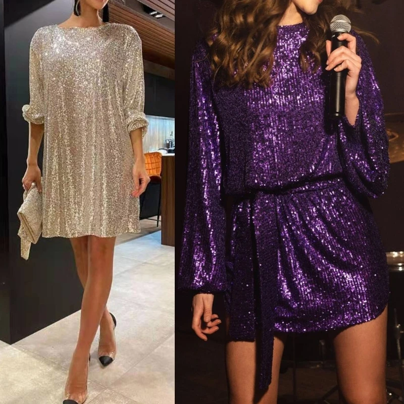 Womens Puff Long Sleeve Glitter Sequin Dress with Belt Evening Wedding Bridesmaid Sparkly Loose Fit Mini Short Dresses