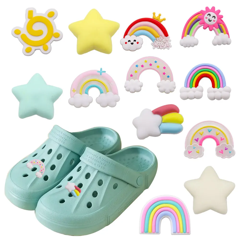 

Mix 50PCS PVC Shoe Charms Colorful Rainbow Heart Star Cloud Sun Croc Jibz Fit Wristbands Decorations for Bands Bracelets