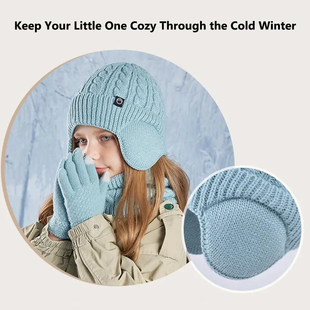Fleece Lined Children's Hat Neck Scarf Gloves Set Winter Thick Neck Warmers Ear Protection Warm Touchscreen Gloves