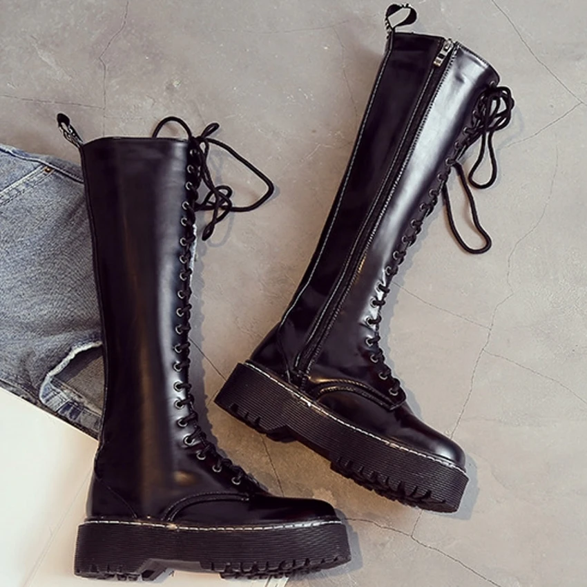 Women Platform Knee High Boots Zip Round Toe Lace Up Patent Leather Winter Boots