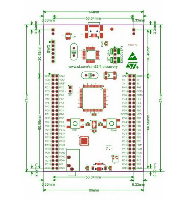 STM32F4DISCOVERY board dimensions