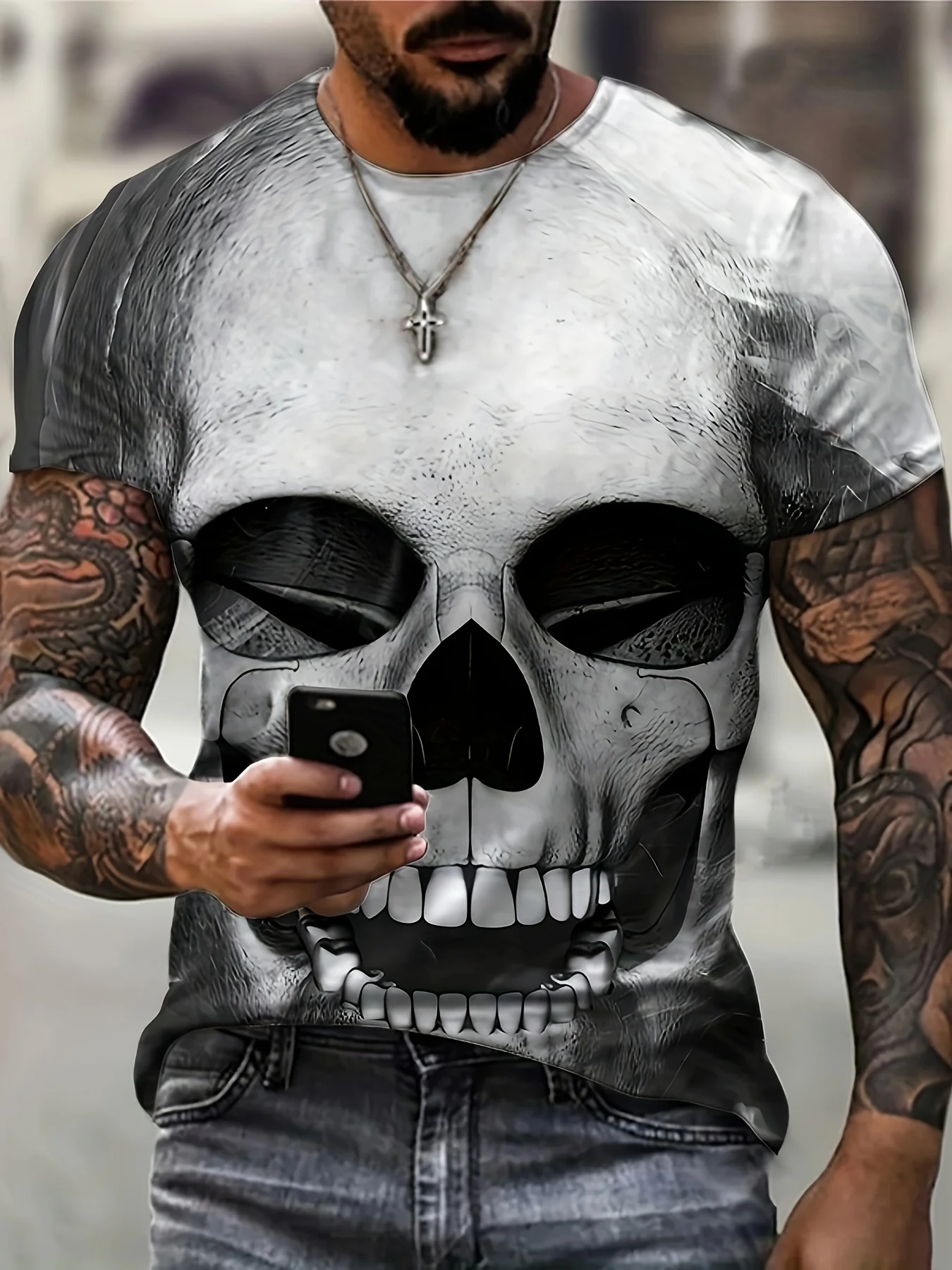 

2024 new white t-shirt big eye skull print men short sleeve