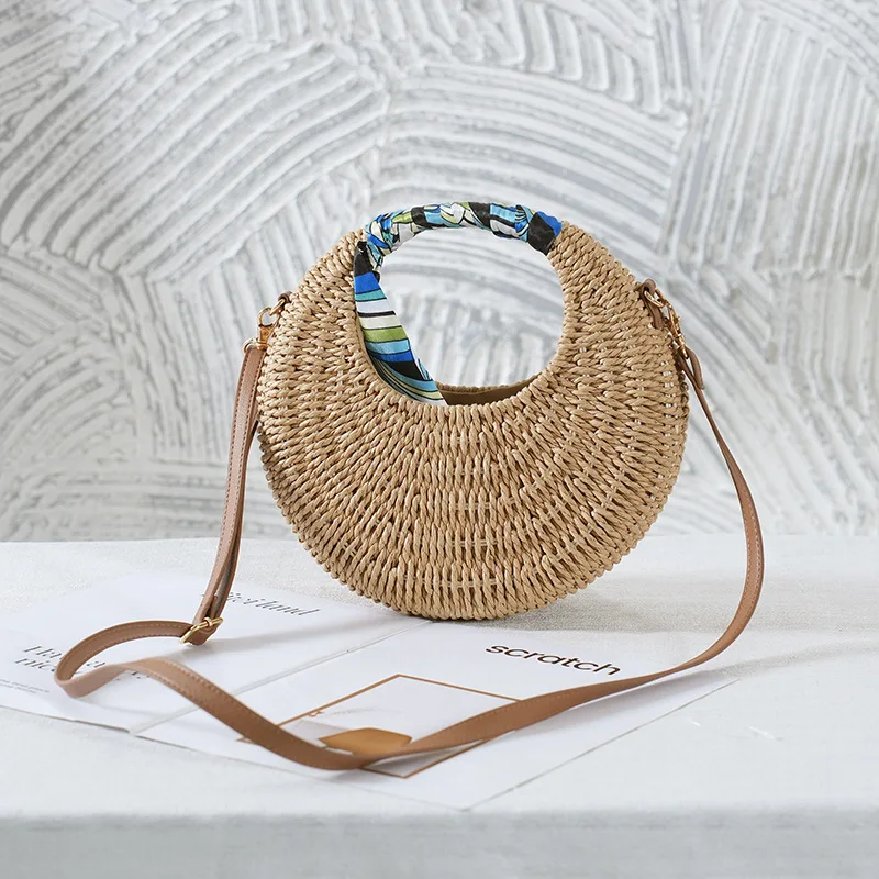 

Summer Straw Bag For Women Fashion Semicircle Crossbody Bags 2024 New Fashion Rattan Messenger Handbag Travel Beach Bags Tote