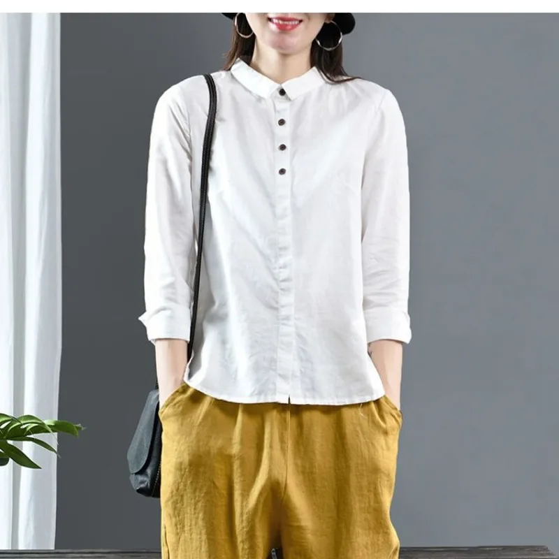 Women's Spring Autumn Solid Color Standing Neck Button Temperament Long Sleeved Loose Casual Versatile Cotton Linen Shirt Tops
