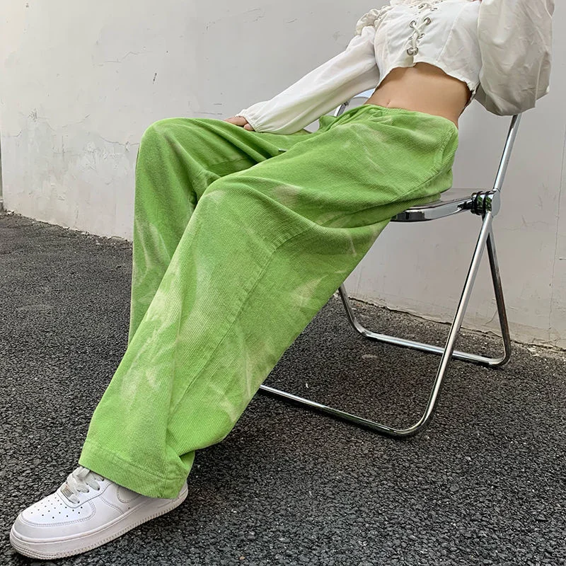 dress pants Y2K Green Corduroy Casual Streetwear Pants Women's Spring Harajuku Style High Waist Loose Straight Drawing Wide Leg Pants work trousers