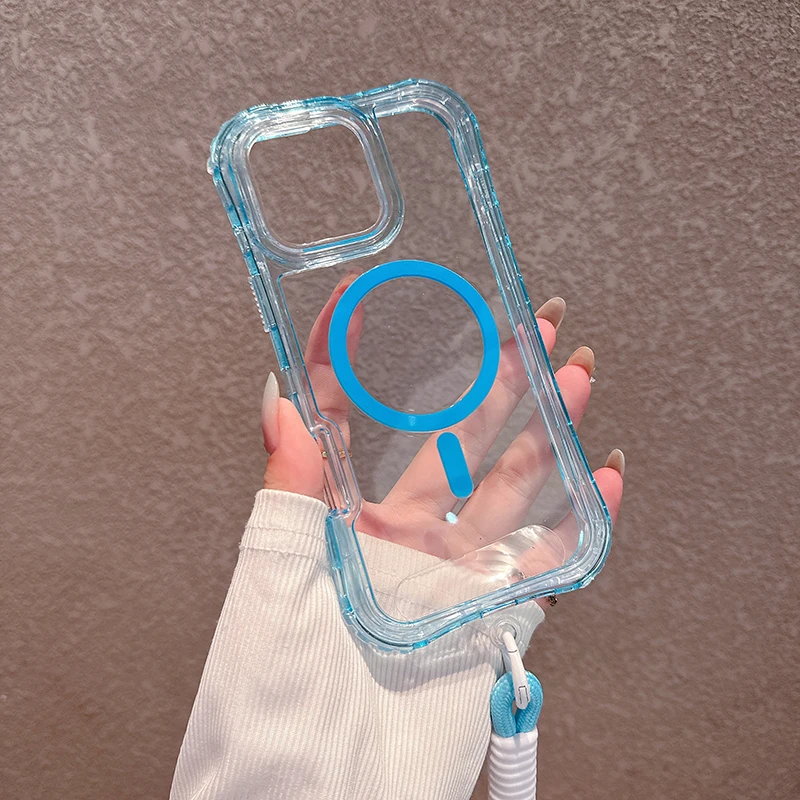 Heavy Duty Clear Shockproof Magnetic Phone Case with Magsafe Charging and Lanyard Attachment