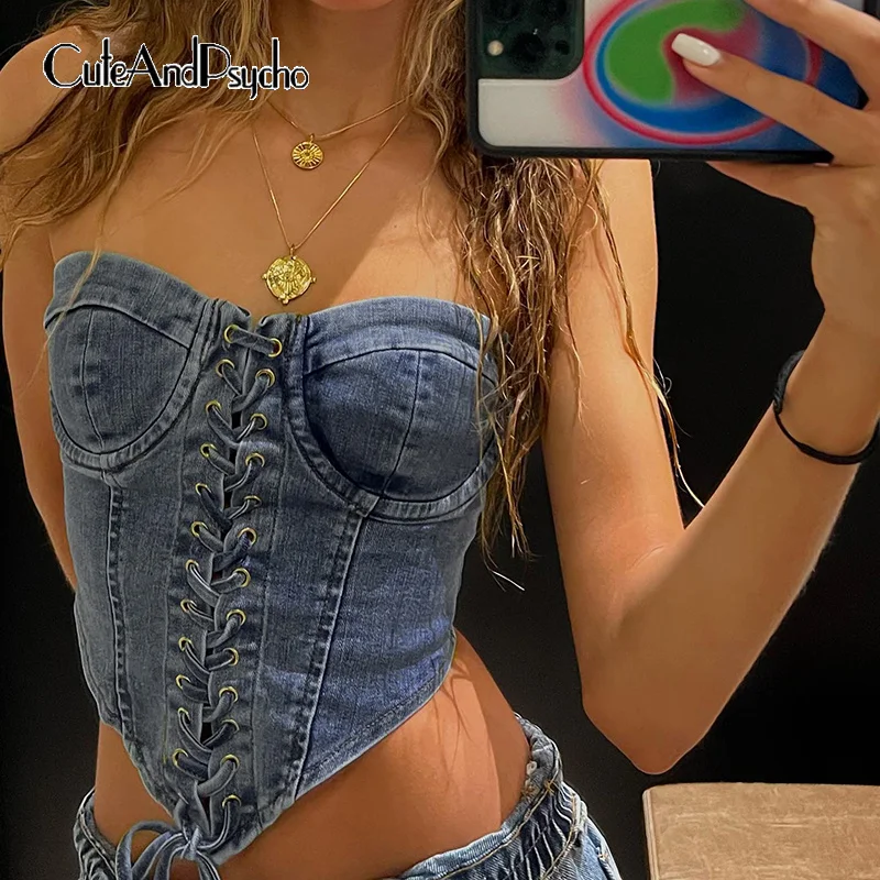 

Cuteandпсихоз Y2K Бандаж с открытыми плечами джинсовая кофта Сексуальная Клубная одежда шикарный тонкий укороченный бюстье молочная Эстетическая женская одежда 90s