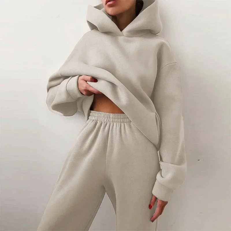 Women Fleece-lined Tracksuits Winter Fashion Warm Hoodie Pullover Sweatshirts Two Pieces Solid Warm Oversized Hoody Long Pant 2023 men s and women s fleece lined sweater suit fall winter men heart figure hoodie fashion brand new men s suit