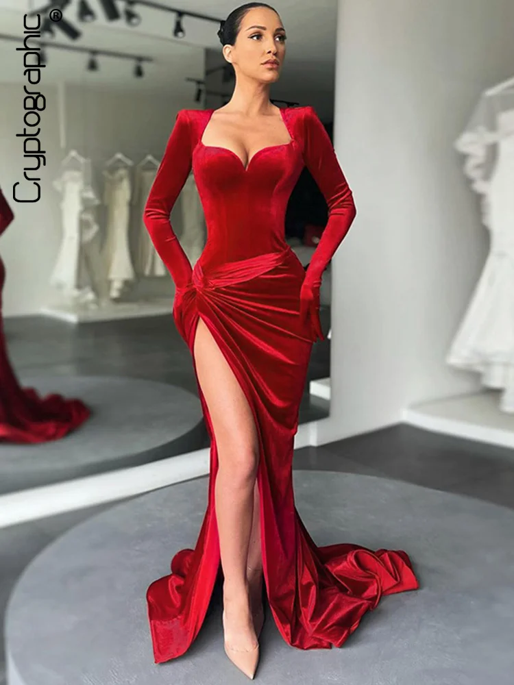 

Cryptographic Elegant Gown Long Dress Evening Club Outfits for Women Gloves Sleeve Velvet Sexy Slit Maxi Dresses Ruched Dresses