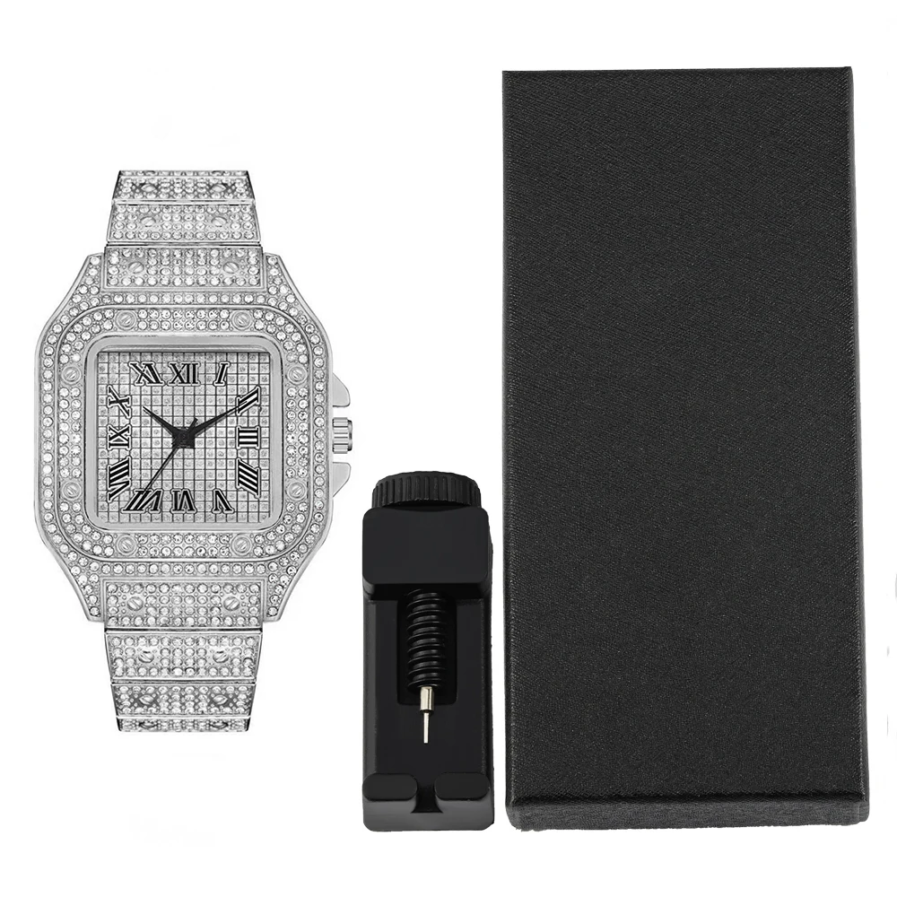 Hip-hop Punk Quartz Watch Stylish Full Diamonds Watch 2 Styles to Choose Bundled Size Adjuster Men Women Party Jewelry Gift Box 4