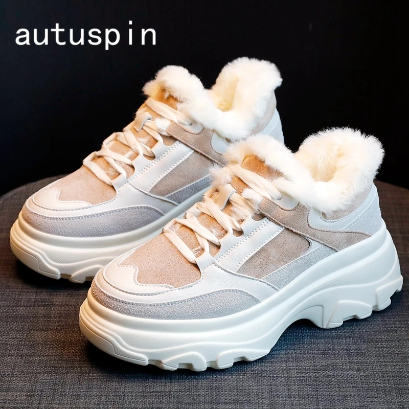 

AUTUSPIN 6.5cm Platforms Women Warm Sneakers Fashion Mixed Colors Thick Plush Winter Chunky Vulcanized Shoes Females Outdoor