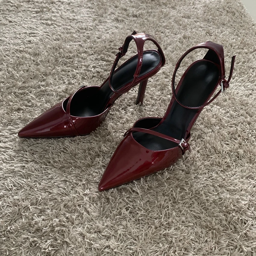 Fashion Dark Red Ankle Strap Pumps Women Point Head Patent Leather Stilettos Summer Sexy Thin High Heels Sandals For Woman 4