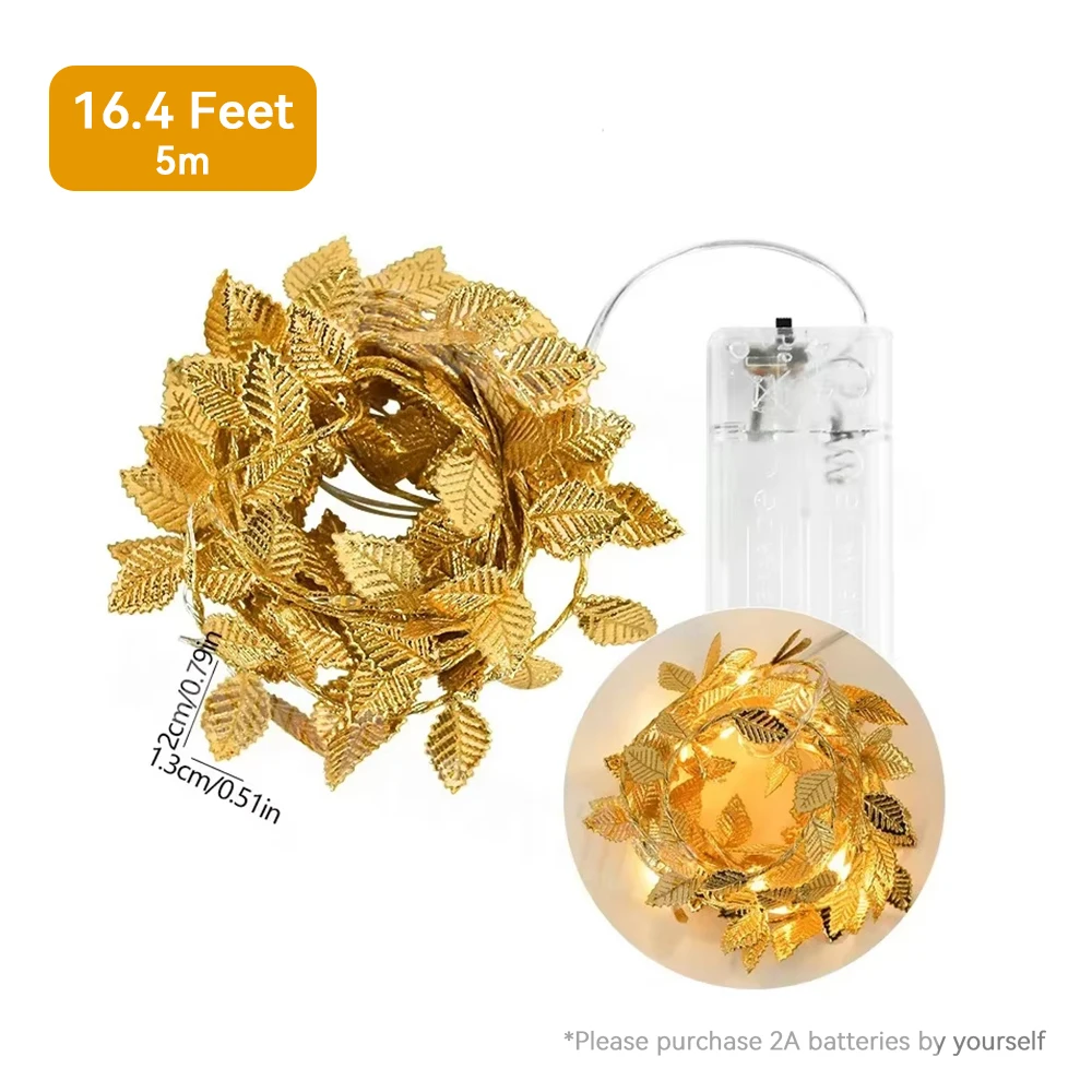 1Pcs 5M 50LED Golden Tiny Leaves Fairy Light Battery Powerd Led Copper Wire String Lights For Wedding Home Party DIY Xmas Decor