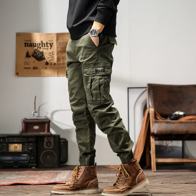 Casual Jogging Pants Men Denim Cotton Pockets Elastic Waist Cargo