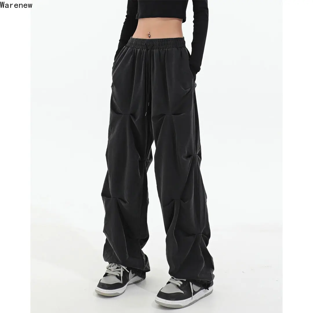 

Женские повседневные брюки с широкими штанинами Y2K, летние черные плиссированные брюки большого размера с высокой талией и эластичным поясом в Корейском стиле, 2023