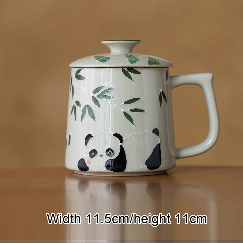 Chinese Style Ceramic Hand drawn panda pattern Tea Mug Home Personal Office Creative With Cover Milk Water Coffee Cup 400ml, 1Pc