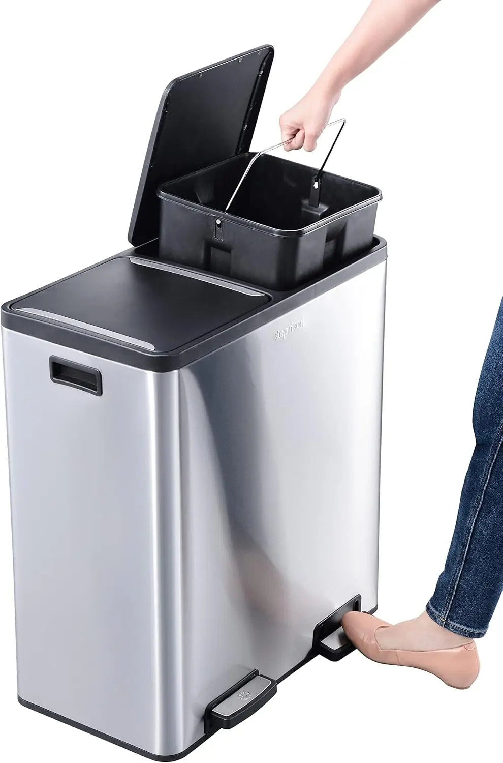 18.5 Gallon Extra Large Capacity, Soft-Step, Dual Trash and Recycling Bin with Removable Inner Bins, Silver