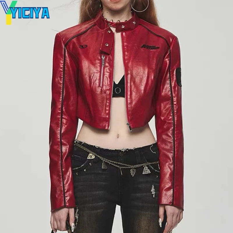 

YICIYA red Zipper racing car leather Jacket Bomber Woman Varsity Long Sleeve Vintage Motorcycle Jackets Coat fashion new outwear