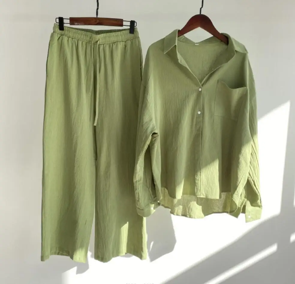 

Рубашка в стиле ретро из 2 предметов, модный Свободный однобортный Топ из хлопка и льна и длинные брюки с эластичным поясом, повседневные комплекты, лето