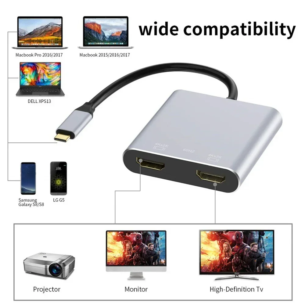 HY 디지털 노트북 확장 듀얼 스크린 디스플레이 휴대폰 USB C 허브 타입 C to 듀얼 HDMI 4K HDTV USB3.0 PD 충전 도킹 스테이션