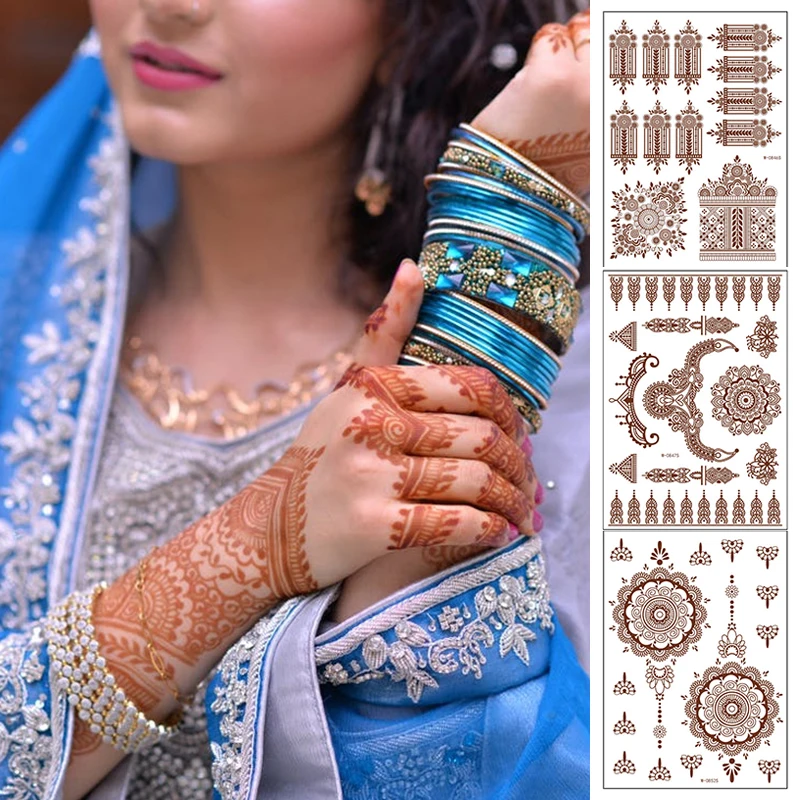 

Henna Lotus Waterproof Temporary Tattoo Women Red Brown Ethnic Style Transfer Fake Tattoos Stickers For Women Body Art
