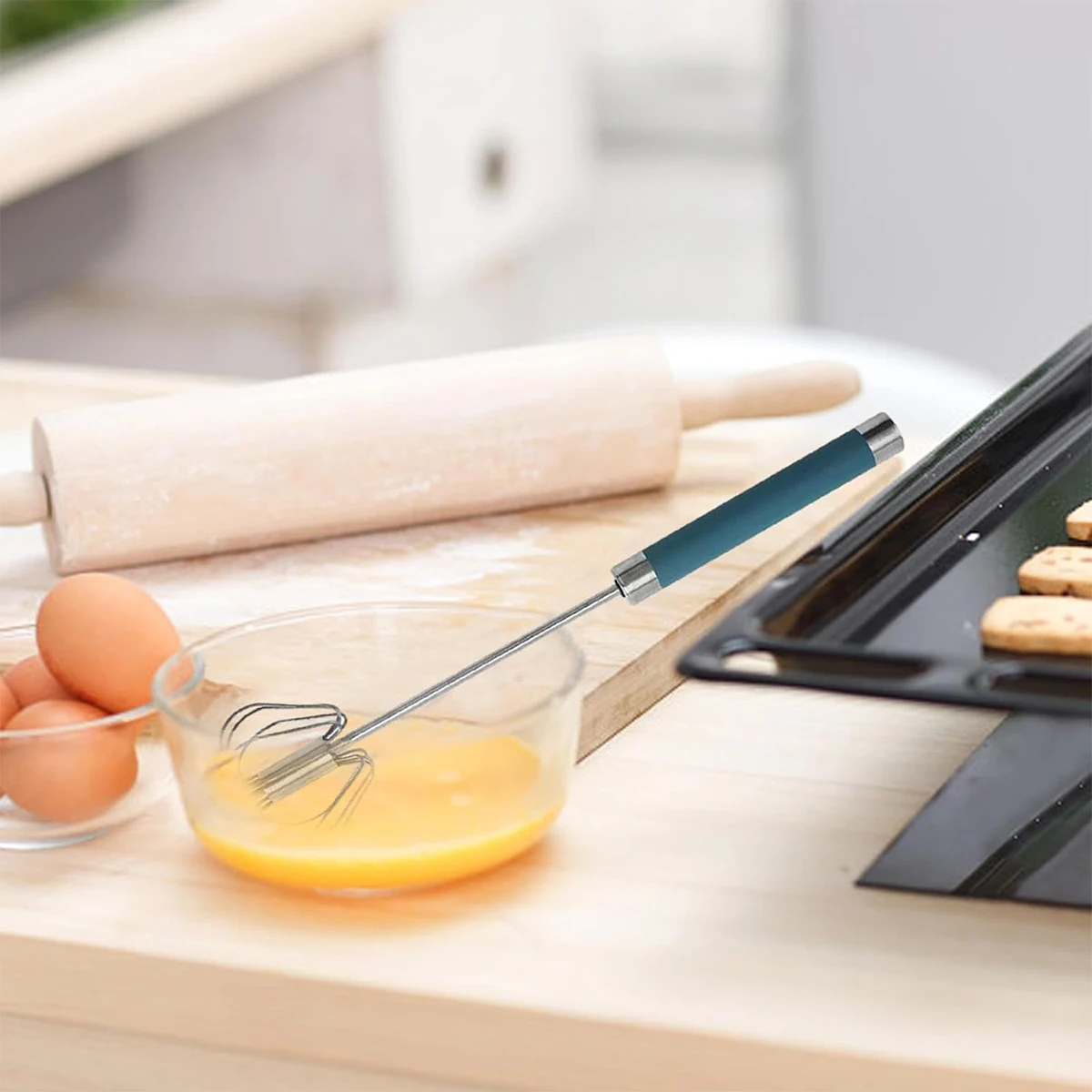 다크 블루 스테인레스 스틸 가정용 주방 반자동 거품기 수동 프레스 얇은 크림 믹서, 베이킹 계란 기구, 12 인치 