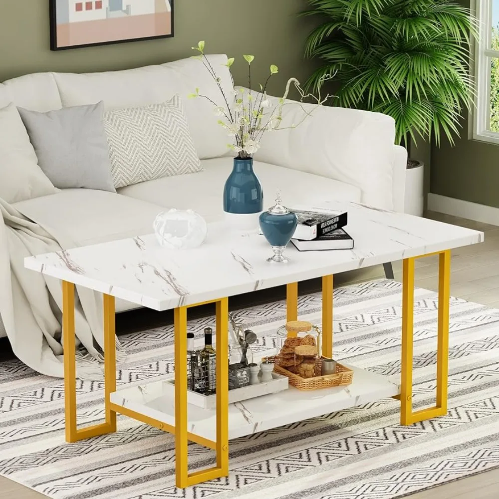 

Faux Marble Top Rectangular Coffee Table With Gold Metal Frame Balcony End Tables Basses 40 Inch White and Gold Office Furniture