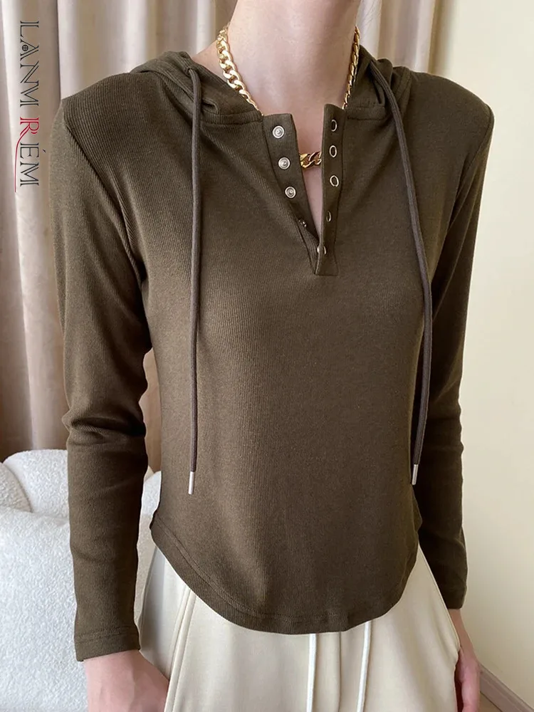 

[LANMREM] Hooded Long Sleeve Sweatshirt For Women Bottoming Drawstring Slim Female Tops Fashion 2024 Spring New 26D7922