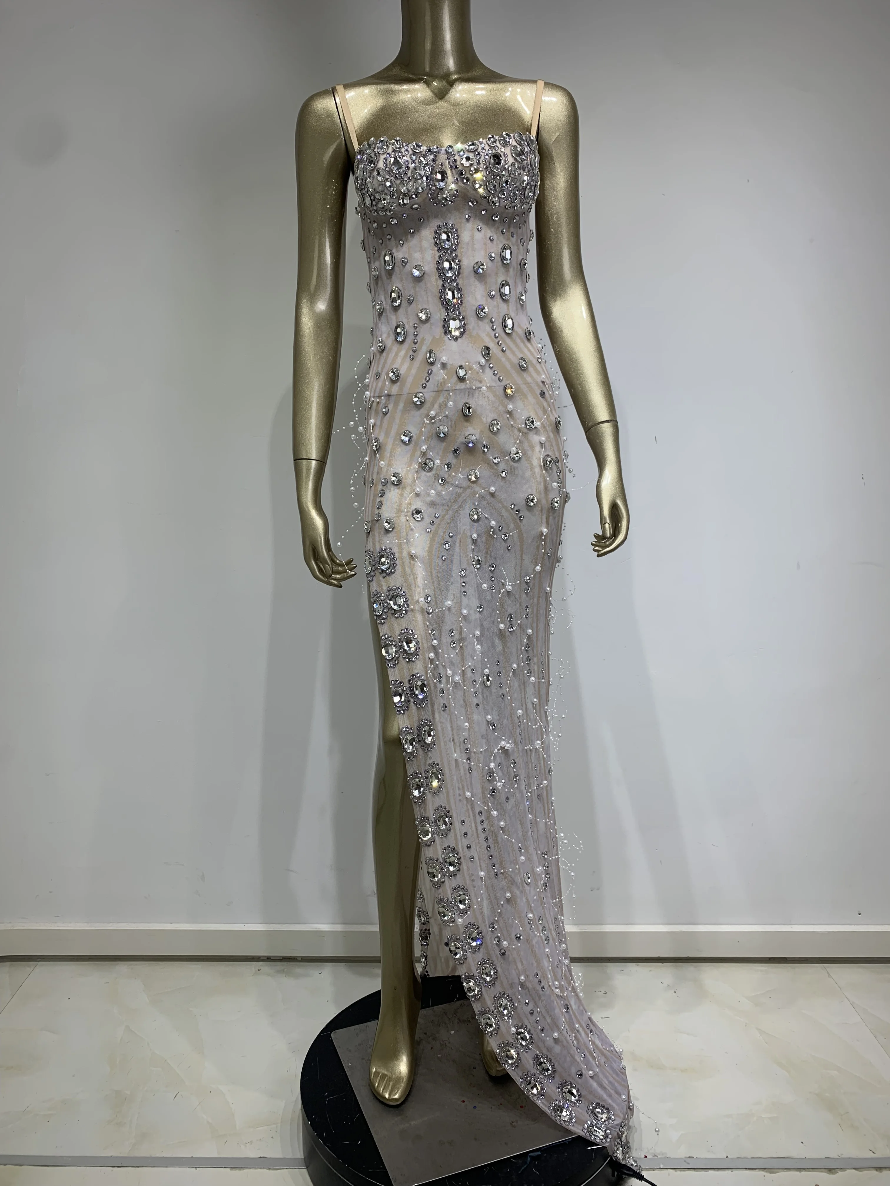 Women Sexy Crystal Diamond Celebrity Long Mesh Stretch Dress