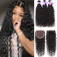 Paquets malaisiens de vague d'eau avec fermeture paquets de cheveux humains bouclés humides et ondulés avec fermeture frontale Extensions de tissage de cheveux Remy 1