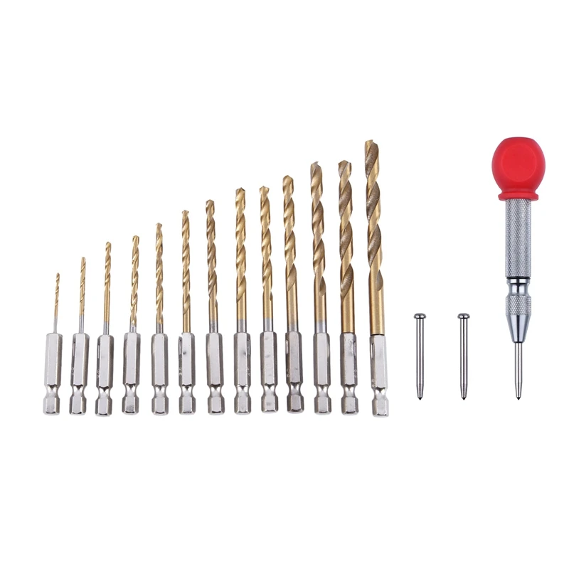 

HOT-13Pc HSS Titanium Coated Drill Bit Set With 1/4Inch Hex Shank With 5 Inch Automatic Center Hole Punch Marker Scriber