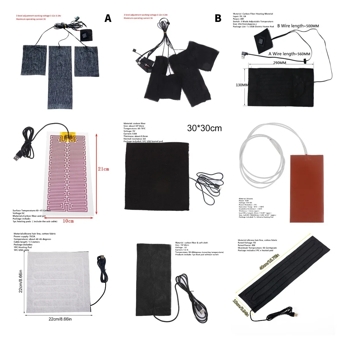 

4 In 1 USB Heated Pads Waterproof Carbon Temperature Adjustable Foldable For Vest Jacket Clothes Heating Winter Warmer Pad