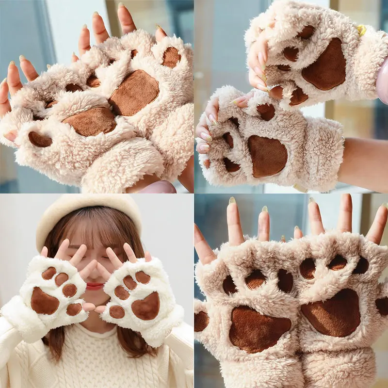 Fashion Girl Lovely Bear Plush Cat Paw Claw Gloves Winter Fingerless Mittens for Women Christmas Halloween Gloves Gifts