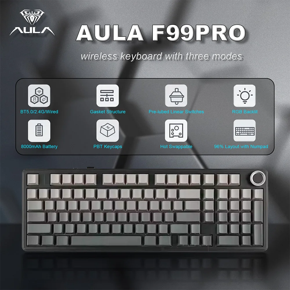 AULA F99 PRO 무선 게이밍 기계식 키보드 99키 핫스왑 가능 가스켓 구조 96% 8000mAh 배터리 키보드 (노브 포함)