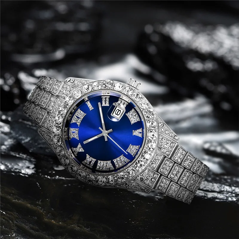 Iced Out - Men's waterproof quartz watch, men's clock, elegant diamond, luxury brand, 2-piece set_voghion.com