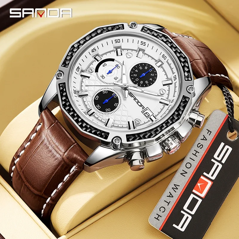

Новинка 5301, кварцевые часы Sanda с ремешком, с тремя глазами и шестью иглами, модные трендовые мужские флуоресцентные кварцевые часы с календарем