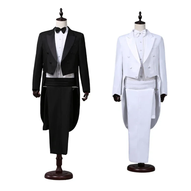 Men's Modern White and Black Basic Style Mens Suit with Tailcoat Stage Jacket Outfits