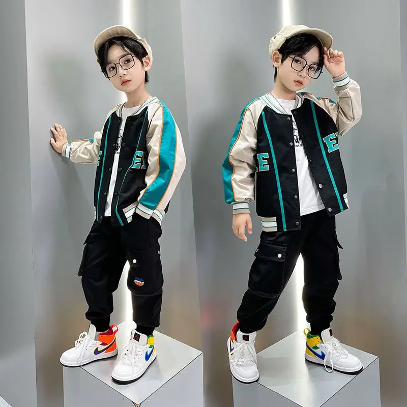 

Teen Boys' Sets Spring Autumn 2023 Baseball Coat Cargo Pants Two Pieces Patchwork Letter Print Causal Fashionable 5-14 Years Old